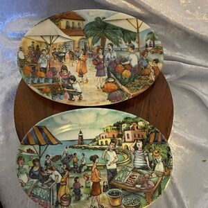 Colorful Ceramic Plates with Market Scene
